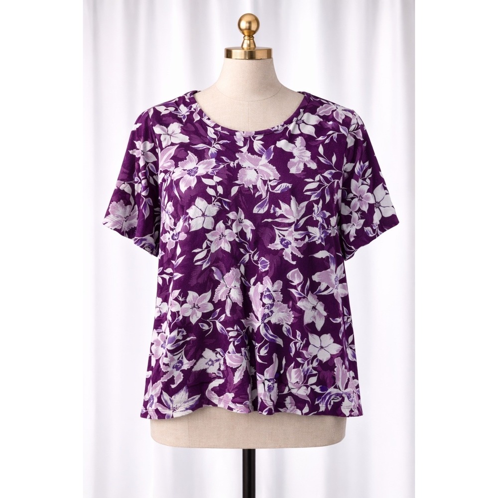 Denim & Co. Heavenly Jersey Floral Tee‎ Top Purple Short Sleeve 2X Stretch Knit